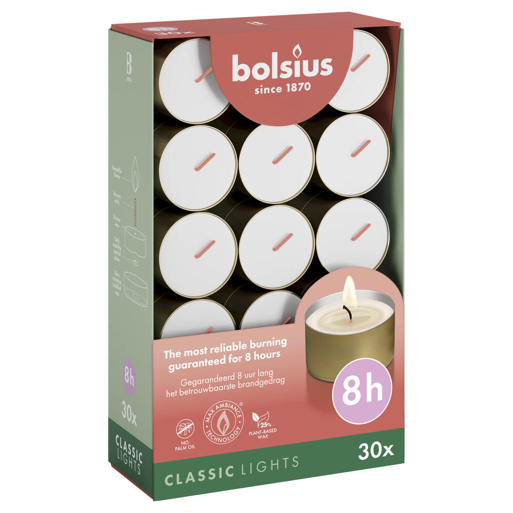Bolsius waxinelichtjes goud (8 branduren) (box van 30)