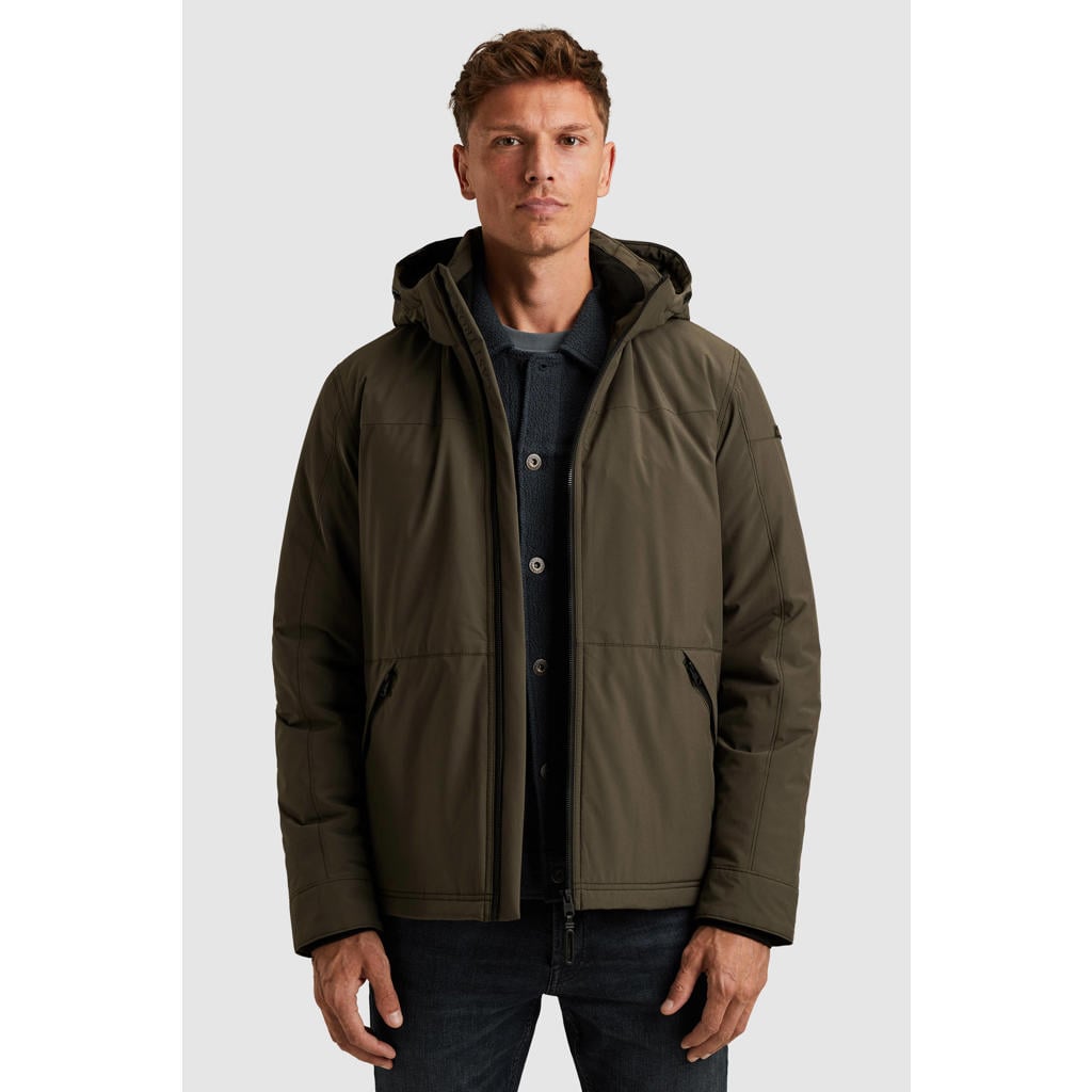 Donkergroene heren Cast Iron winterjas van polyester met effen, lange mouwen en rits met windvanger