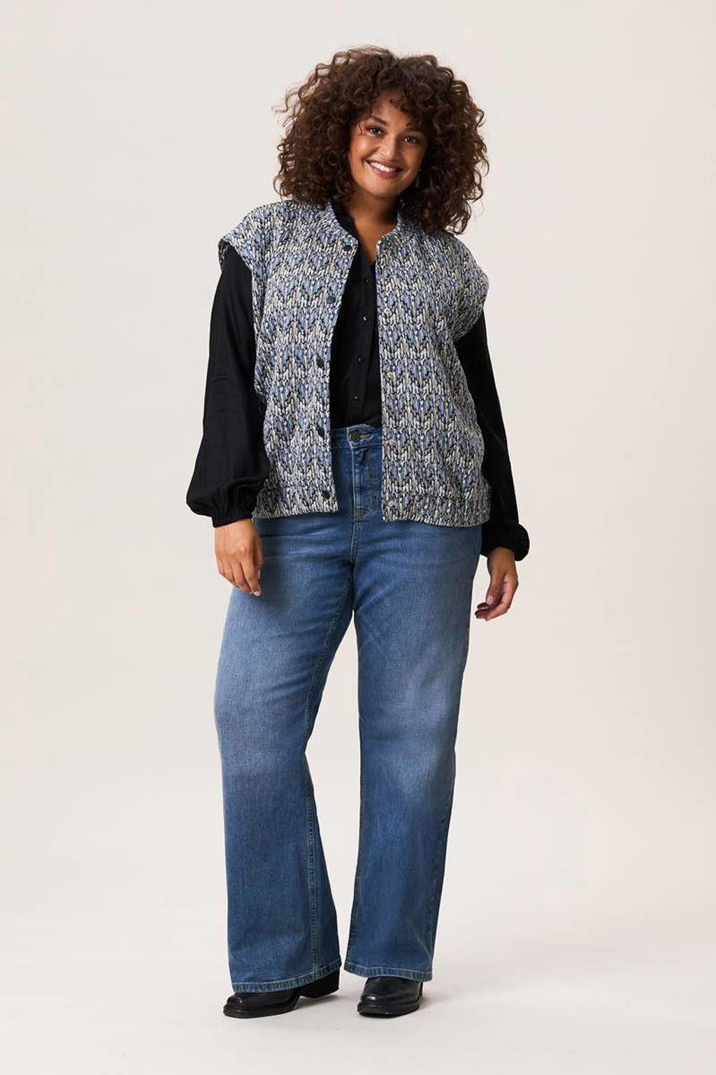 Donkerblauwe dames Miss Etam Plus gilet van polyester met rits- en knoopsluiting