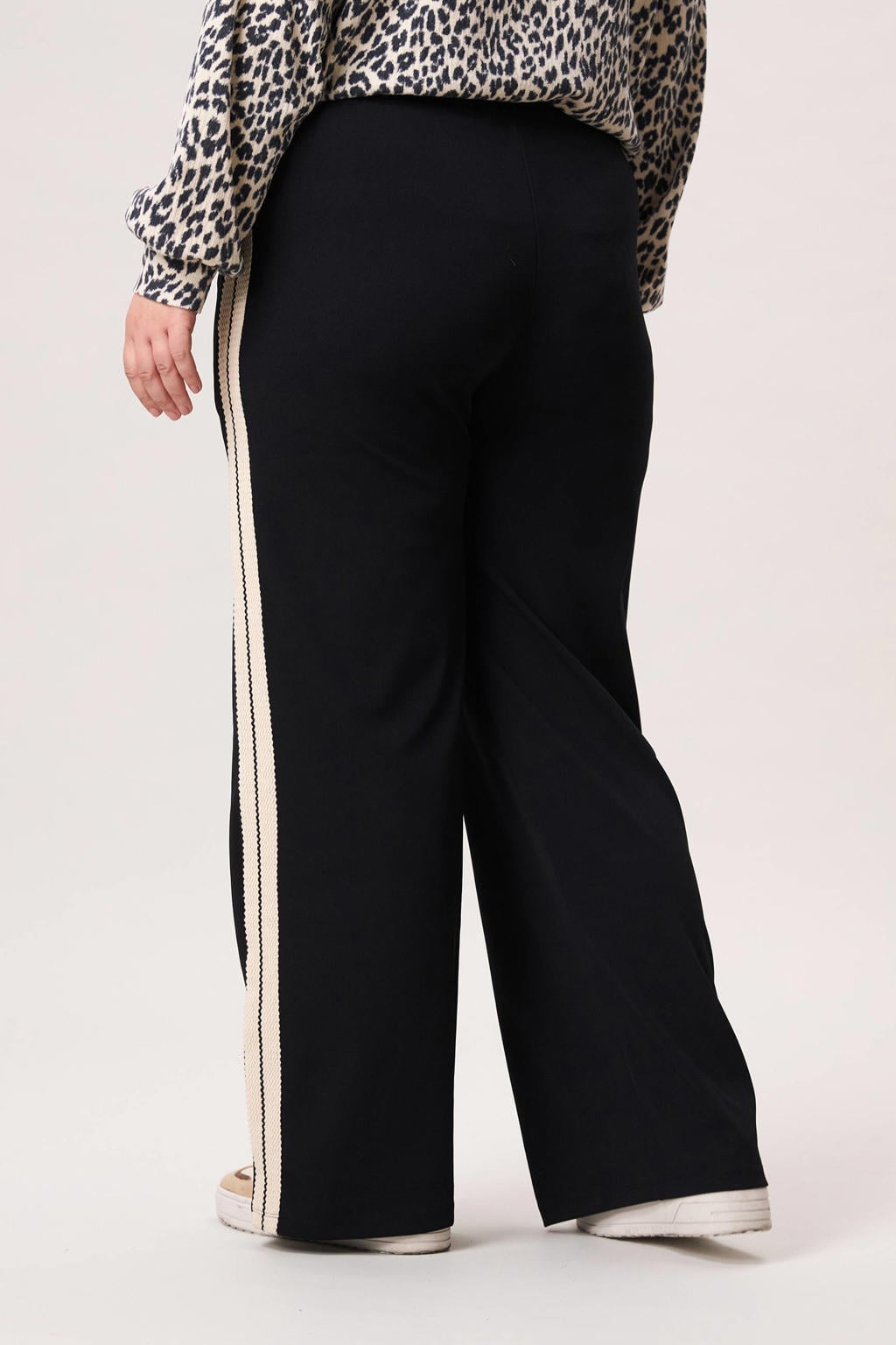 Zwarte dames Miss Etam Plus broek van polyester met wijde pijpen, regular waist, elastische tailleband en effen