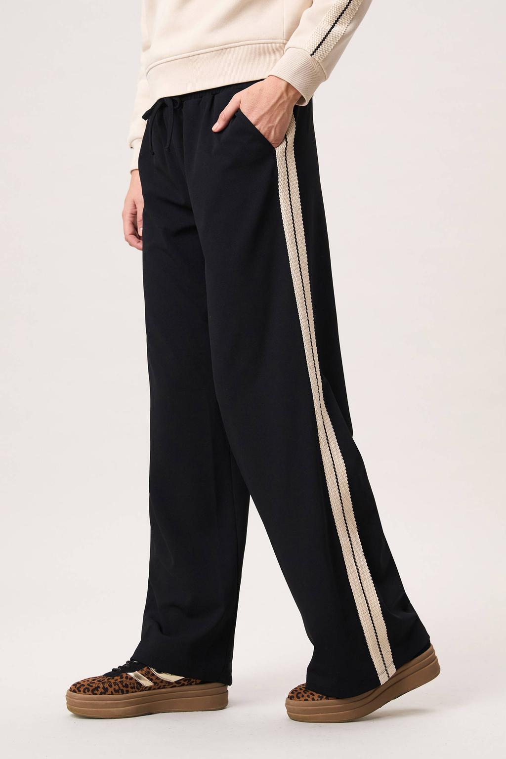 Zwarte dames Miss Etam broek van polyester met wijde pijpen, regular waist, elastische tailleband met koord en meerkleurige print