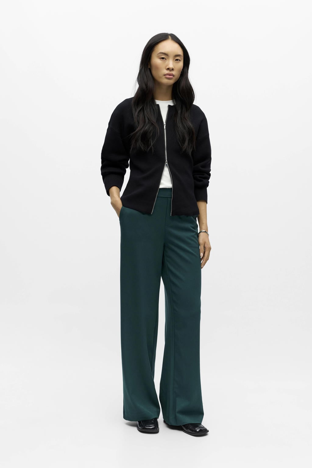 Donkergroene dames OBJECT wide leg regular waist pantalon met effen