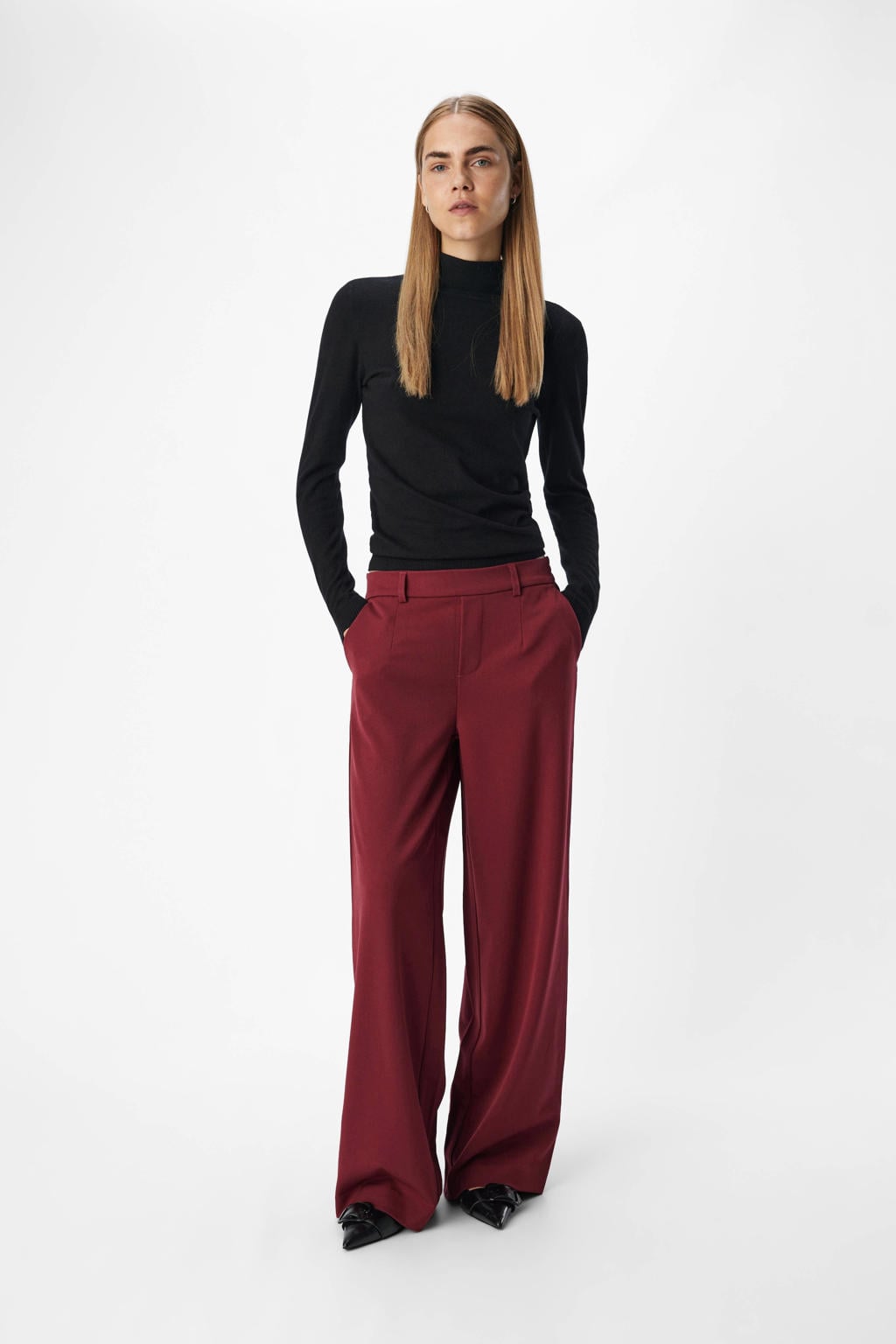 Donkerrode dames OBJECT wide leg regular waist pantalon met effen