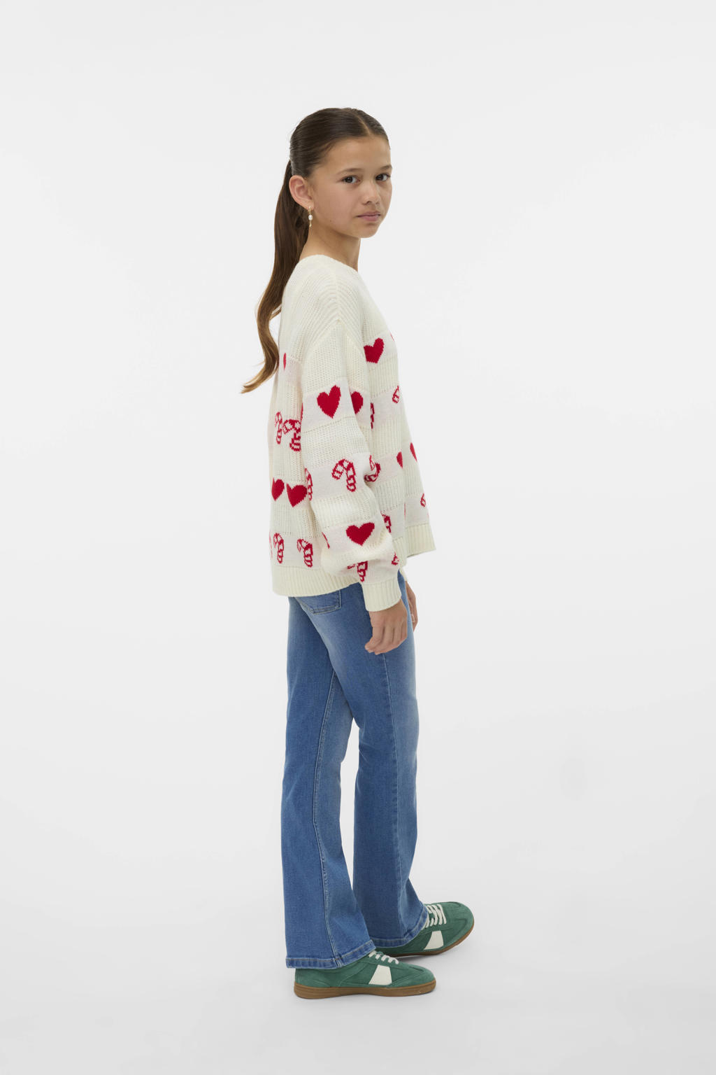 Ecru en rode meisjes VERO MODA GIRL kersttrui gebreid van acryl met lange mouwen en ronde hals
