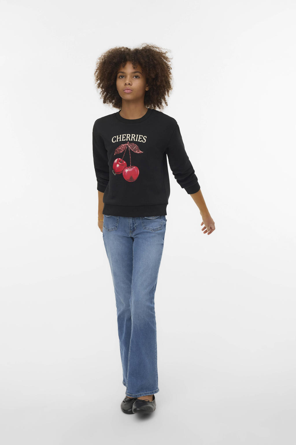 Zwarte meisjes VERO MODA GIRL sweater met printopdruk, lange mouwen, ronde hals en geribde boorden