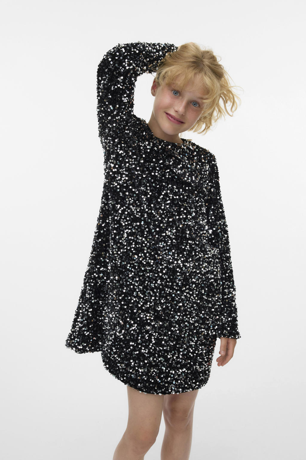 Zwart en zilverkleurige meisjes VERO MODA GIRL A-lijn jurk van polyester met lange mouwen en ronde hals