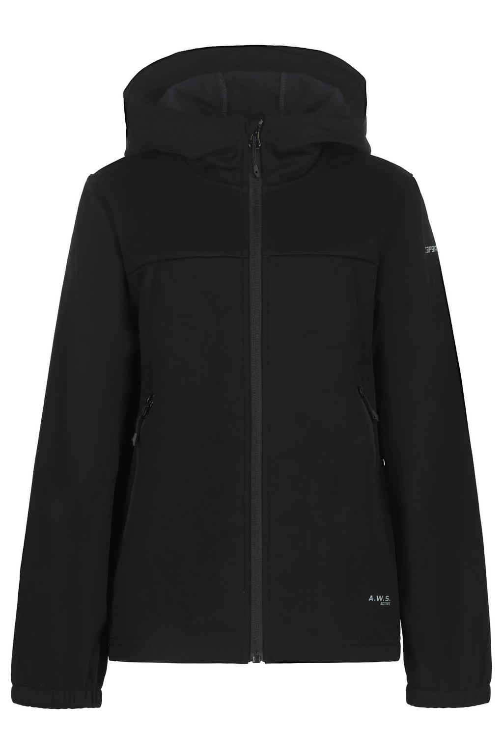 Zwarte jongens Icepeak softshell jas Kline van polyester met effen, lange mouwen, capuchon en ritssluiting