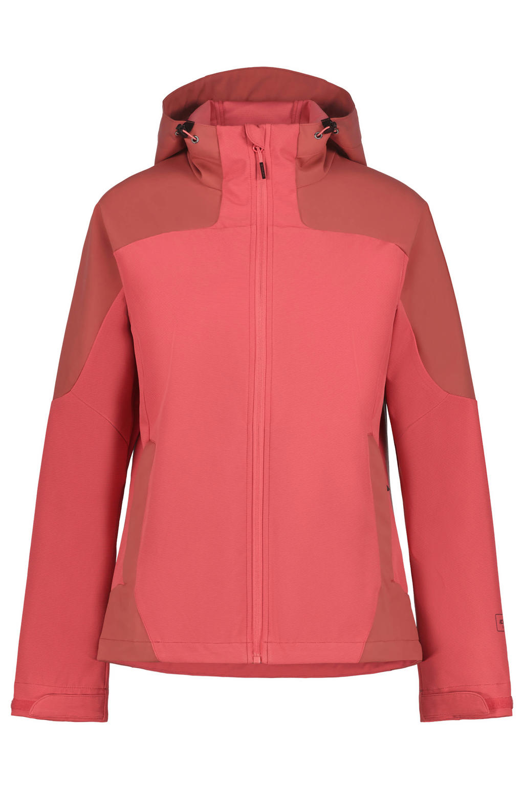 Koraalrode dames Icepeak softshell jas Burnet met lange mouwen, capuchon en ritssluiting