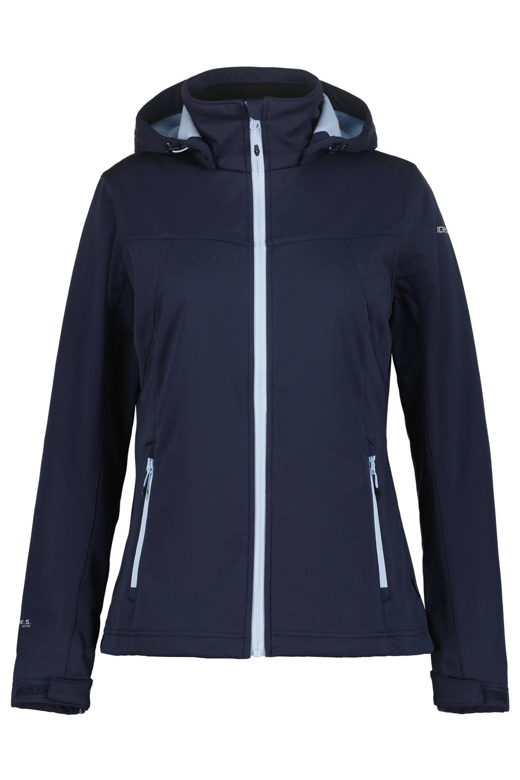 Donkerblauwe dames Icepeak softshell jas Boise van polyester met effen, lange mouwen, capuchon en ritssluiting