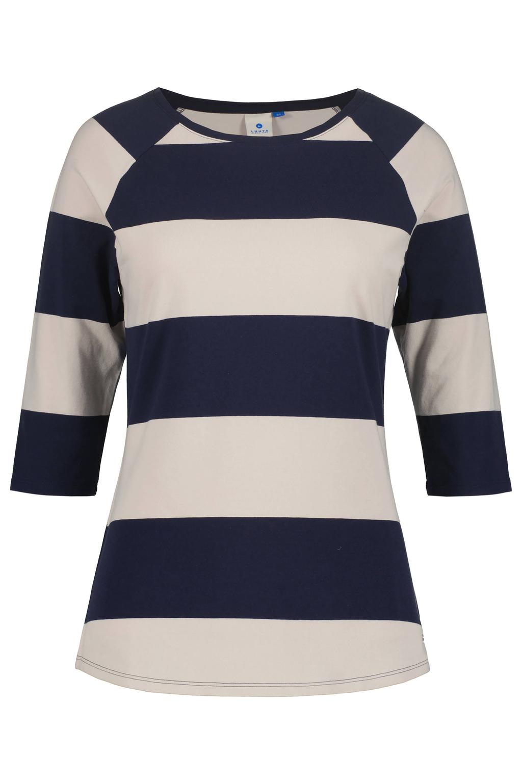 Donkerblauwe dames Luhta T-shirt Hadli van katoen met strepenprint, driekwart mouwen en ronde hals