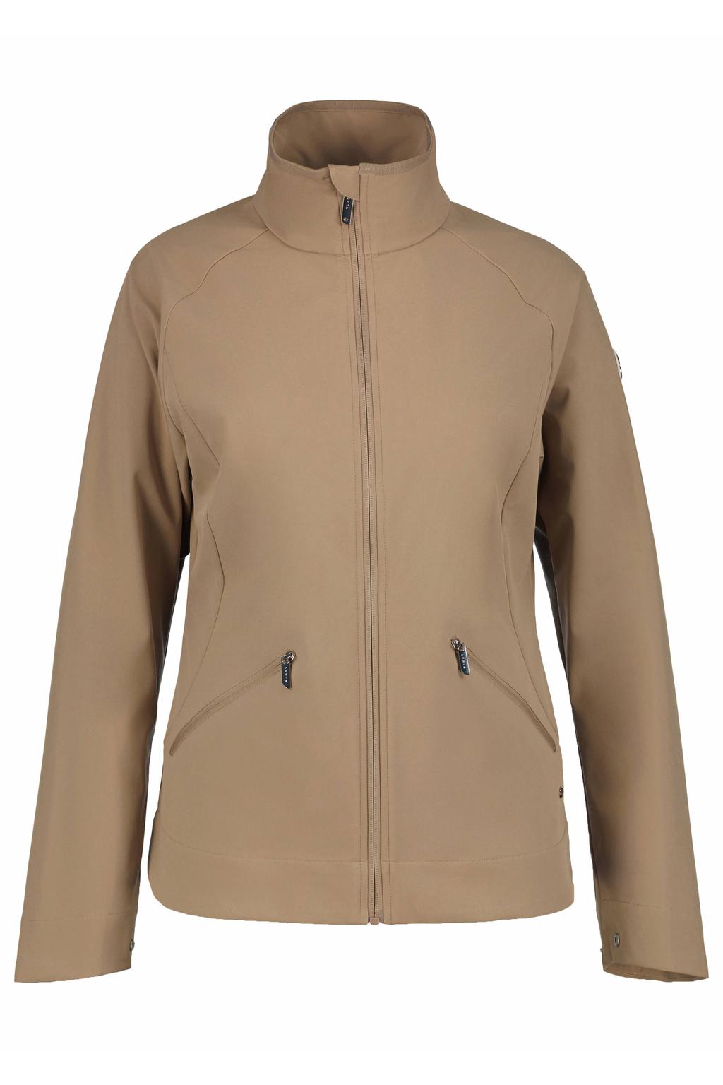 Zandkleurige dames Luhta softshell jas Ainola met lange mouwen, opstaande kraag en ritssluiting