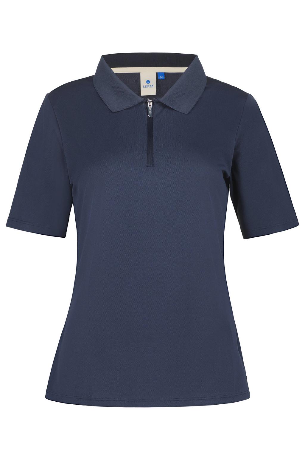 Donkerblauwe dames Luhta polo Aerola met effen, korte mouwen en halve rits