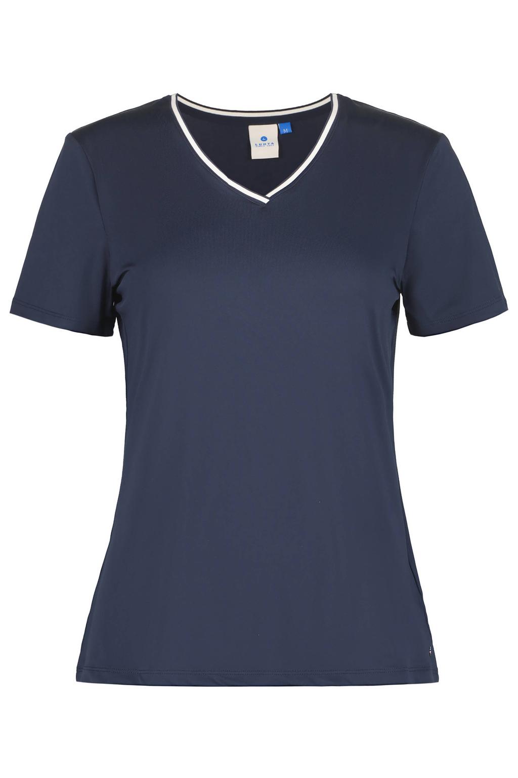Donkerblauwe dames Luhta T-shirt Honko van polyester met korte mouwen en V-hals