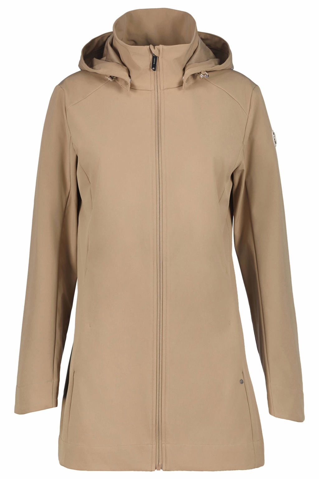 Zandkleurige dames Luhta softshell jas Erkkola met effen, lange mouwen, capuchon en ritssluiting