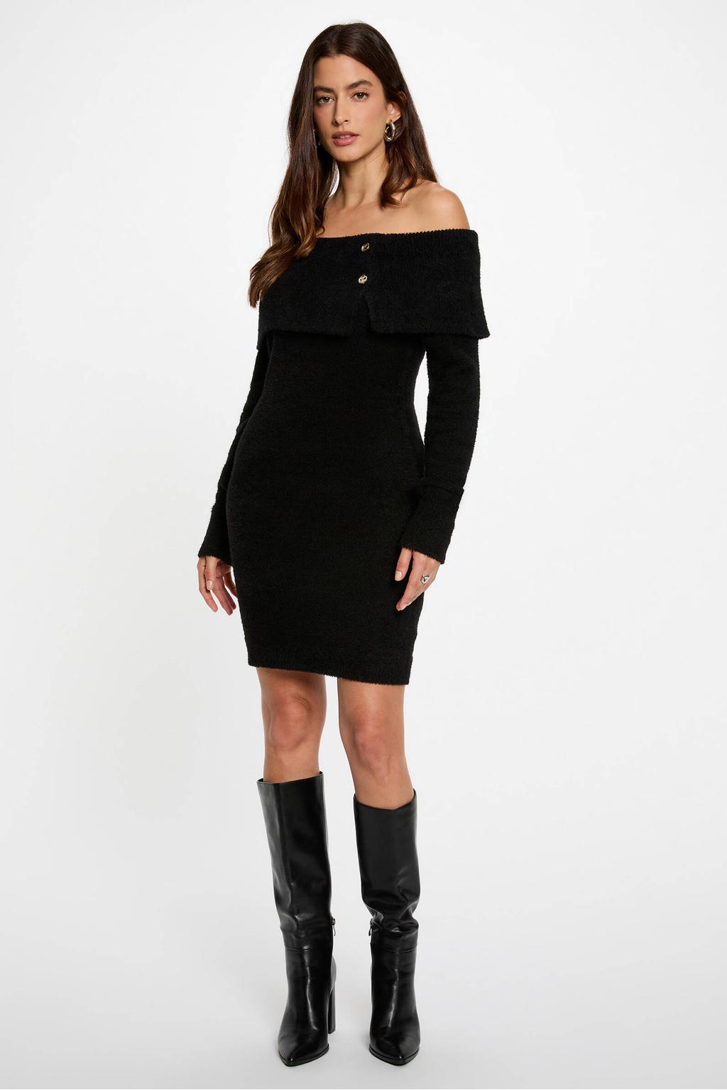 Zwarte dames Morgan jurk van polyester met effen, lange mouwen, off shoulder hals en sierknopen