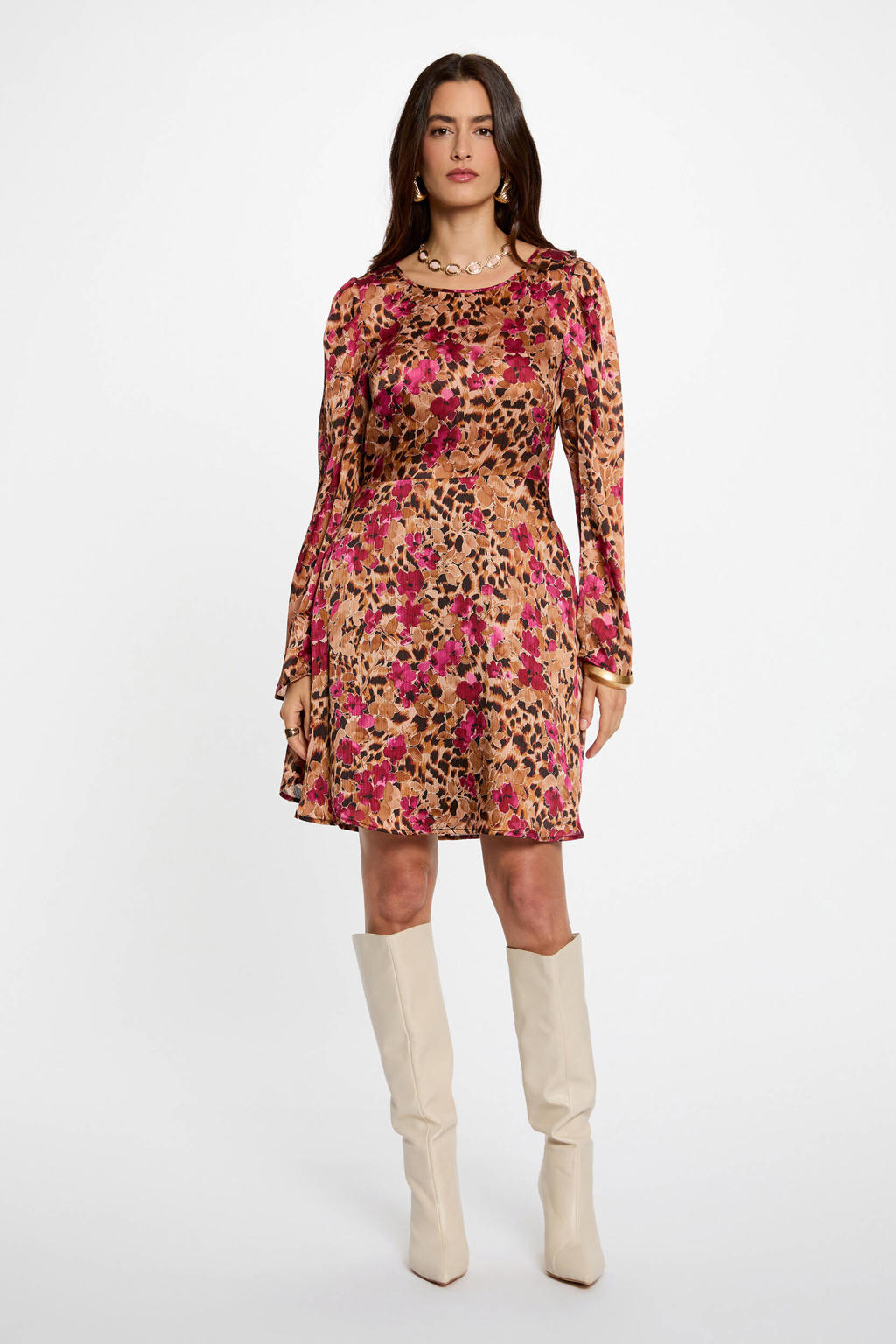 Multikleurige dames Morgan gebloemde korte jurk van polyester met lange mouwen, ronde hals en ritssluiting