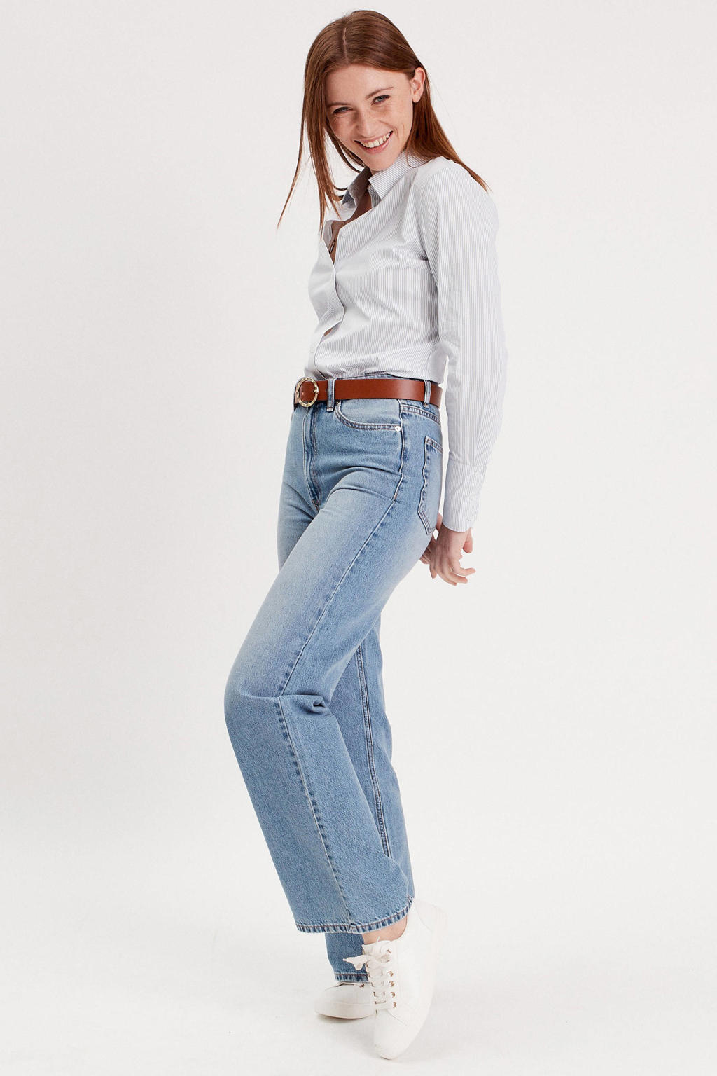 Medium blue denim dames Cache Cache high waist wide leg jeans van denim met rits- en knoopsluiting en effen