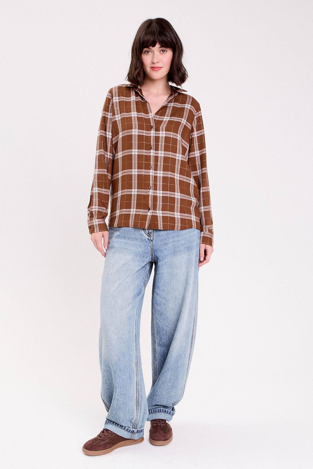 Bruin en ecru dames Cache Cache blouse van viscose met ruitenprint, lange mouwen, polo kraag en knoopsluiting