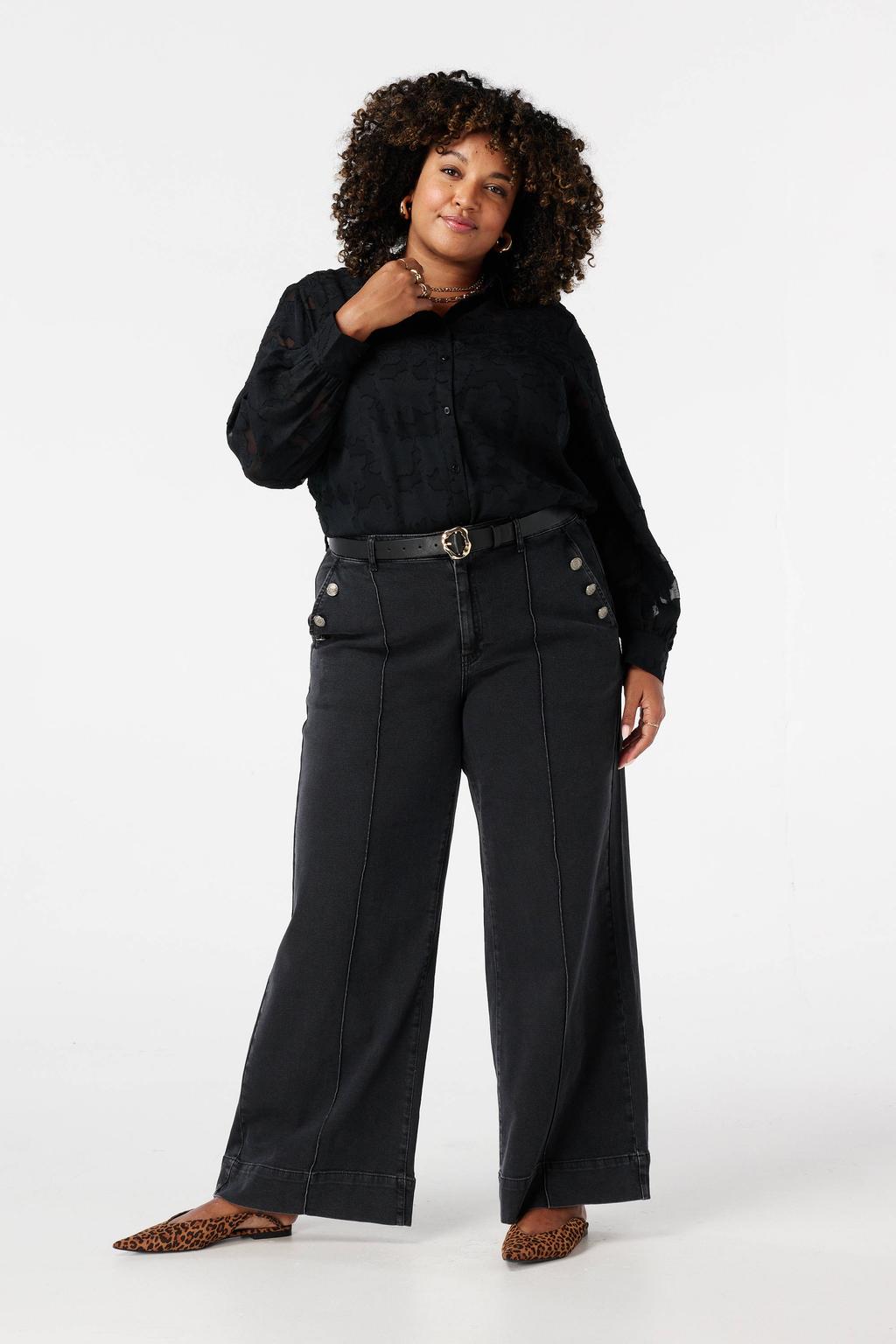 Grijze dames MS Mode high waist wide leg jeans van denim met rits- en knoopsluiting en effen