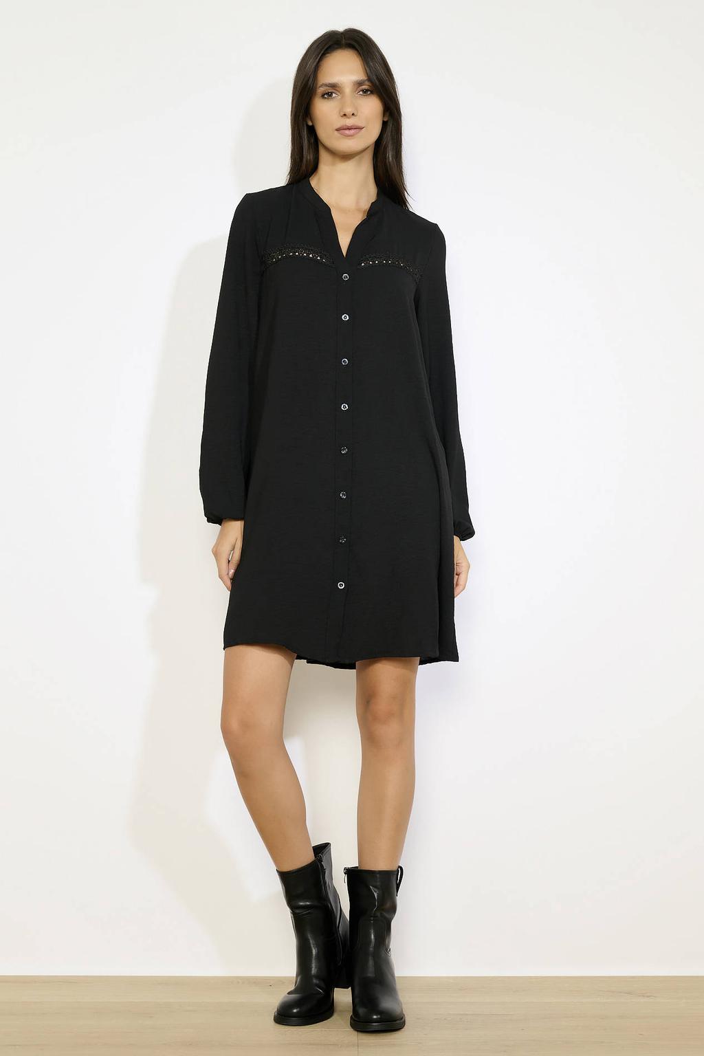 Zwarte dames LOLALIZA jurk broderie van polyester met effen, lange mouwen, button down sluiting en knoopsluiting