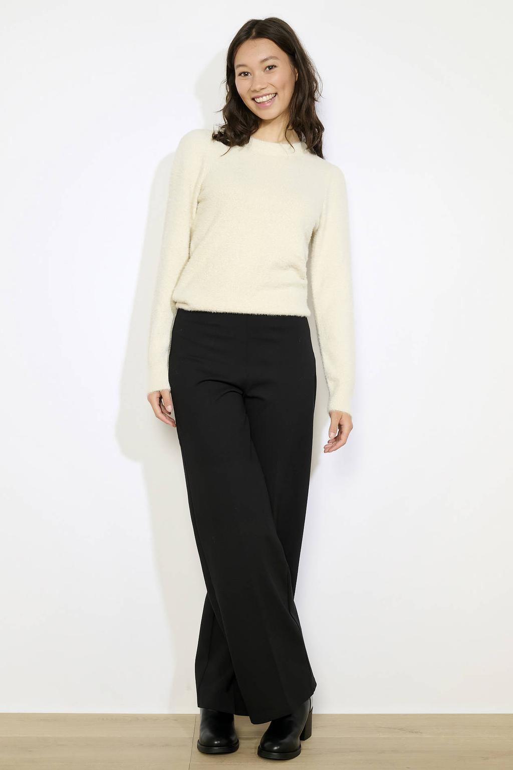 Ecru dames LOLALIZA pullover van nylon met effen, lange mouwen en ronde hals