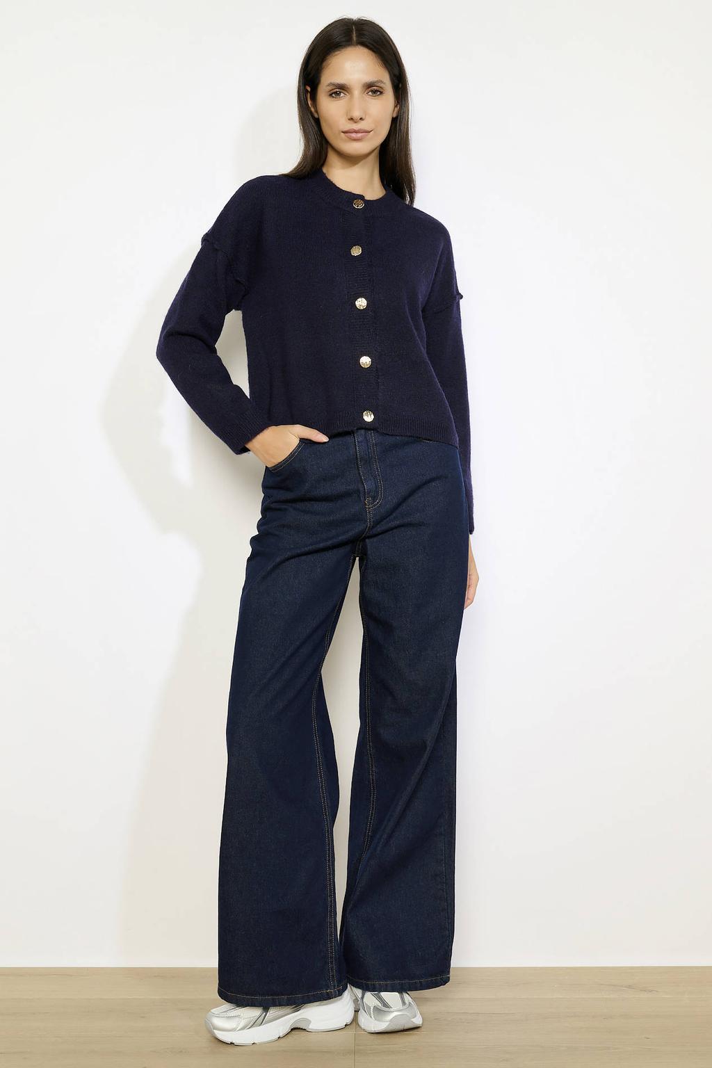 Donkerblauwe dames LOLALIZA cardigan van polyester met effen, lange mouwen, ronde hals en knoopsluiting