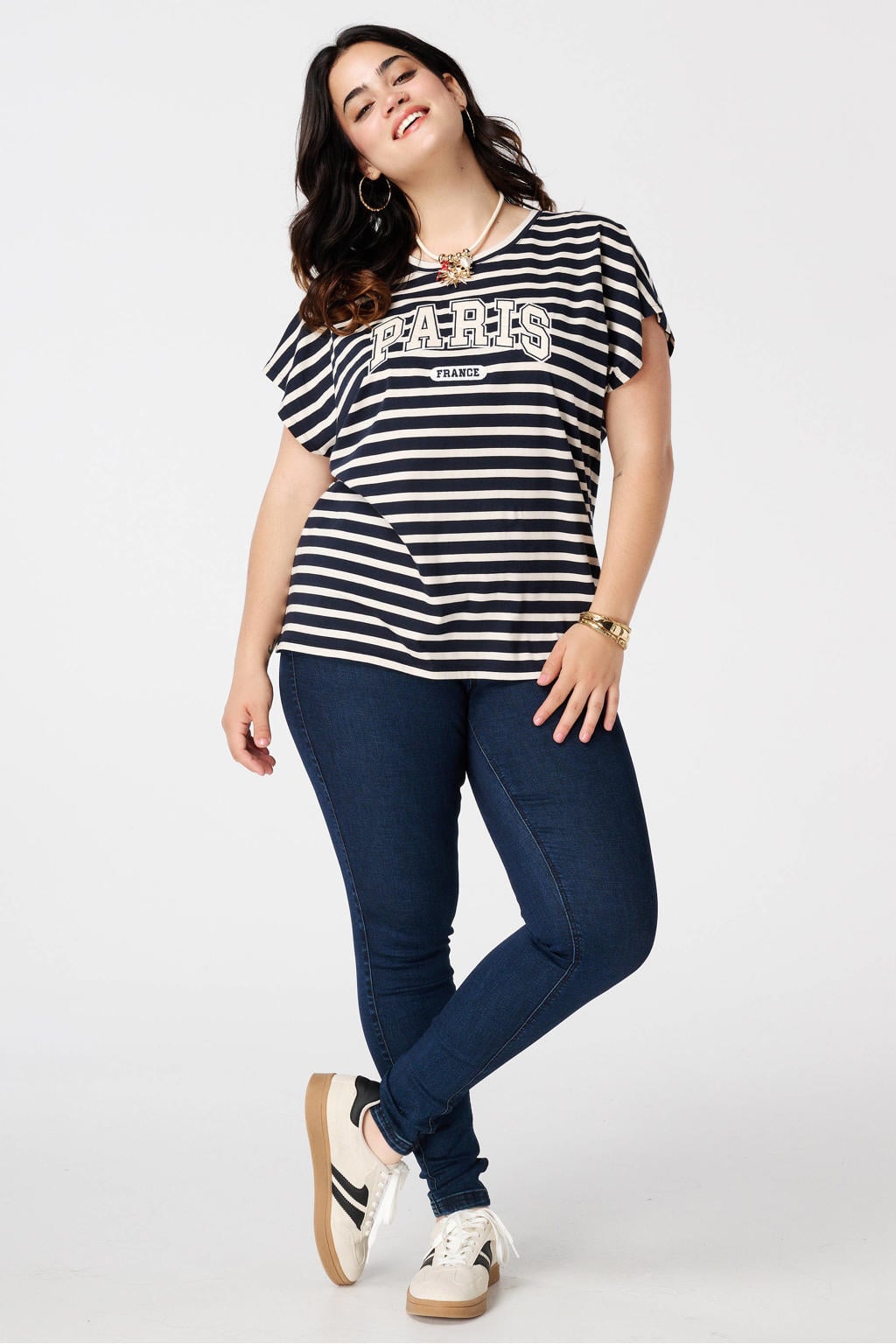Blauwe dames MS Mode high waist jeggings dark blue van denim met elastische tailleband en effen