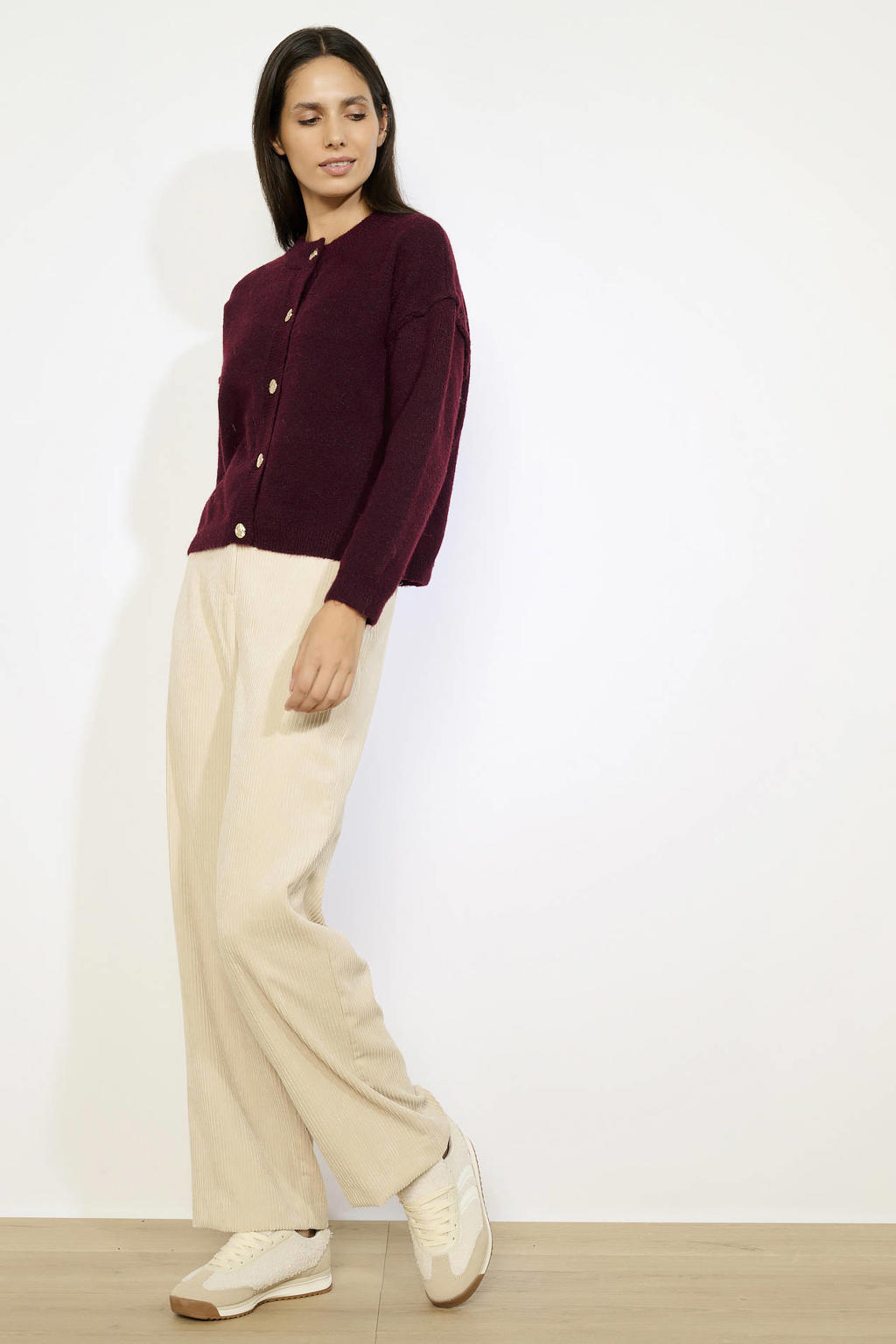 Donkerrode dames LOLALIZA cardigan van polyester met effen, lange mouwen, ronde hals en knoopsluiting