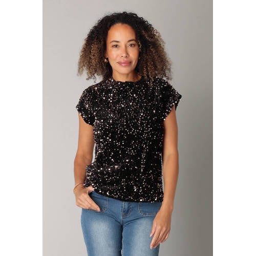 ES&SY glitter top donkerbruin met pailletten afbeelding