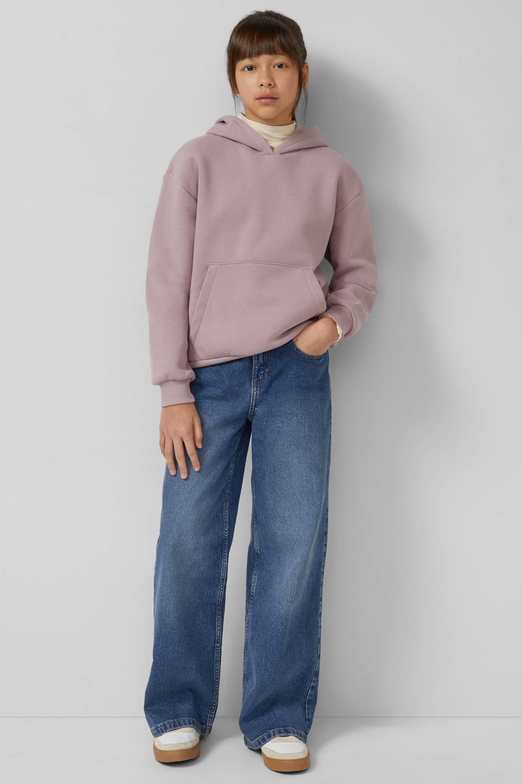 Oudroze meisjes s.Oliver sweater met backprint, lange mouwen, capuchon en geribde boorden