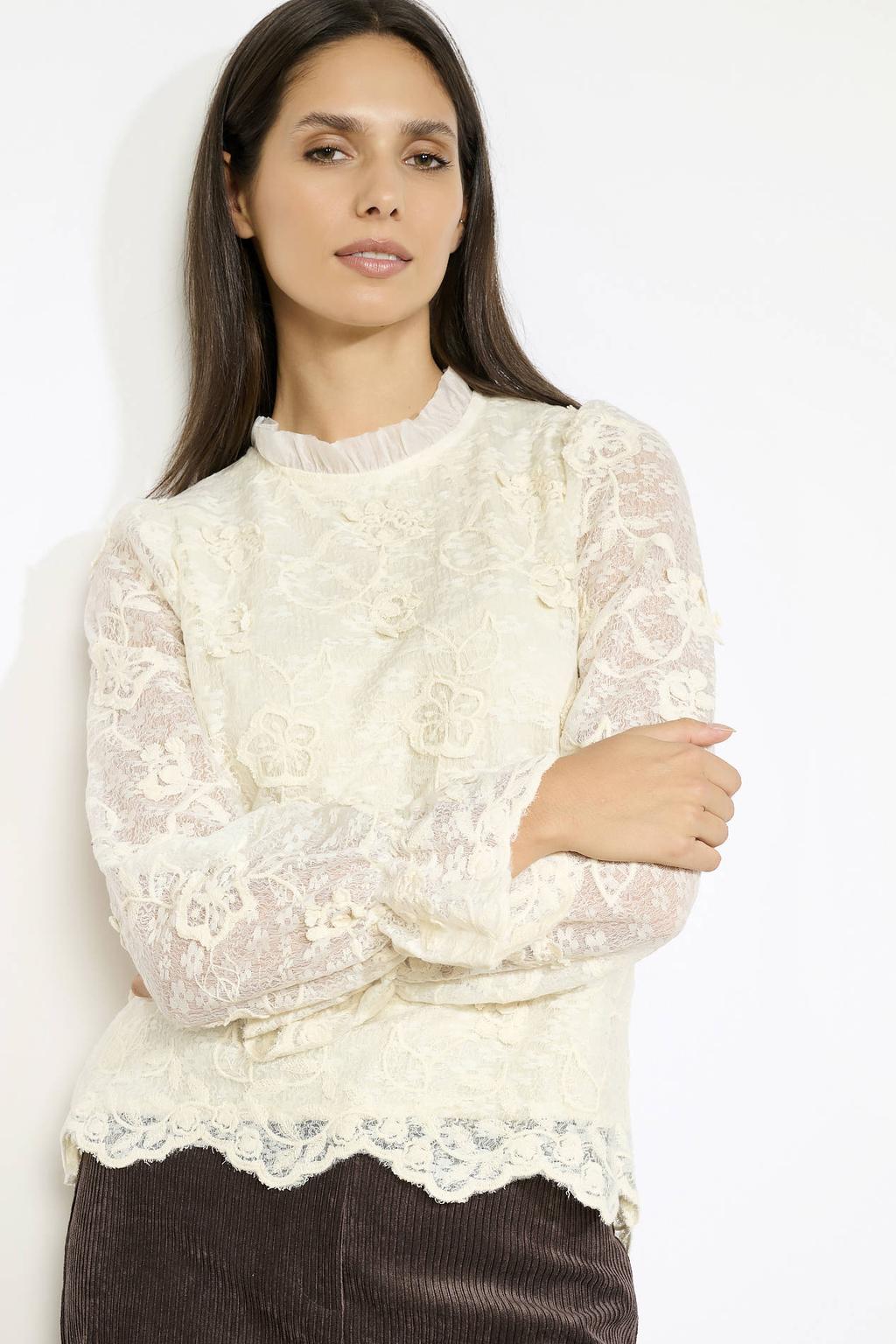 Ecru dames LOLALIZA blousetop van polyester met lange mouwen, opstaande kraag en kant