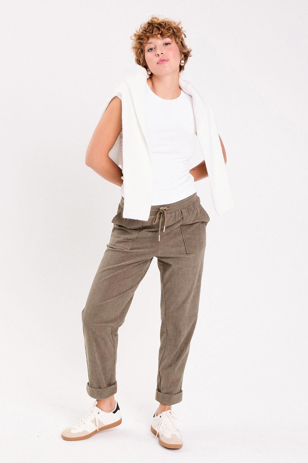 Olijfgroene dames Cache Cache corduroy straight regular waist casual broek met elastische tailleband met koord en effen