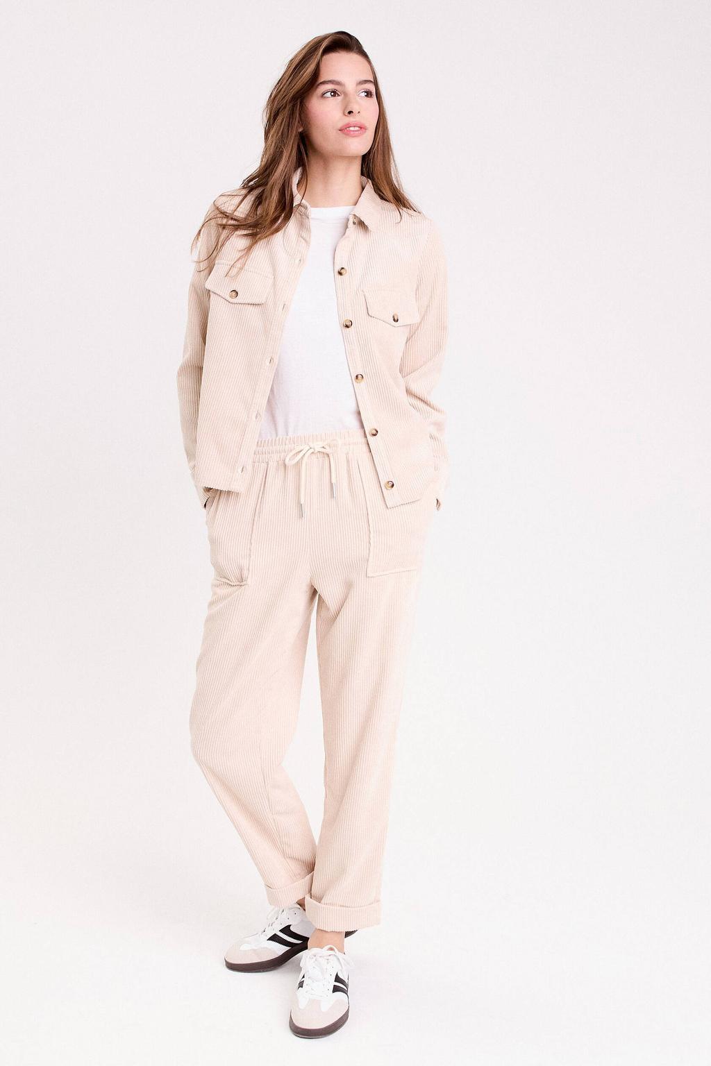 Zandkleurige dames Cache Cache corduroy straight regular waist casual broek met elastische tailleband met koord en effen