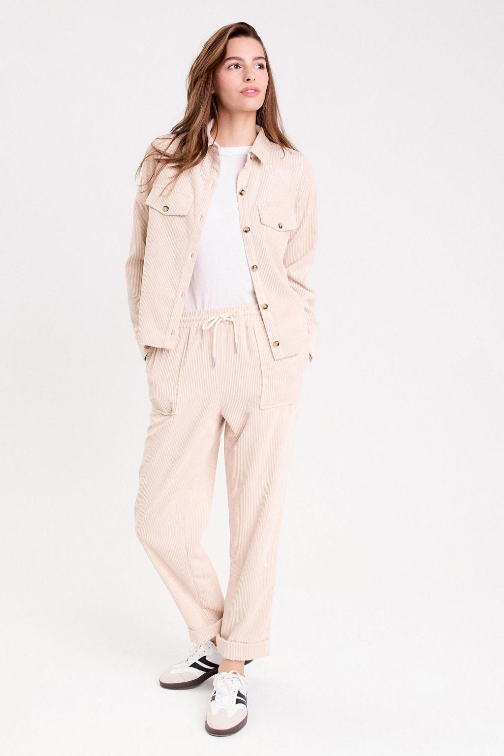 Zandkleurige dames Cache Cache corduroy straight regular waist casual broek met elastische tailleband met koord en effen