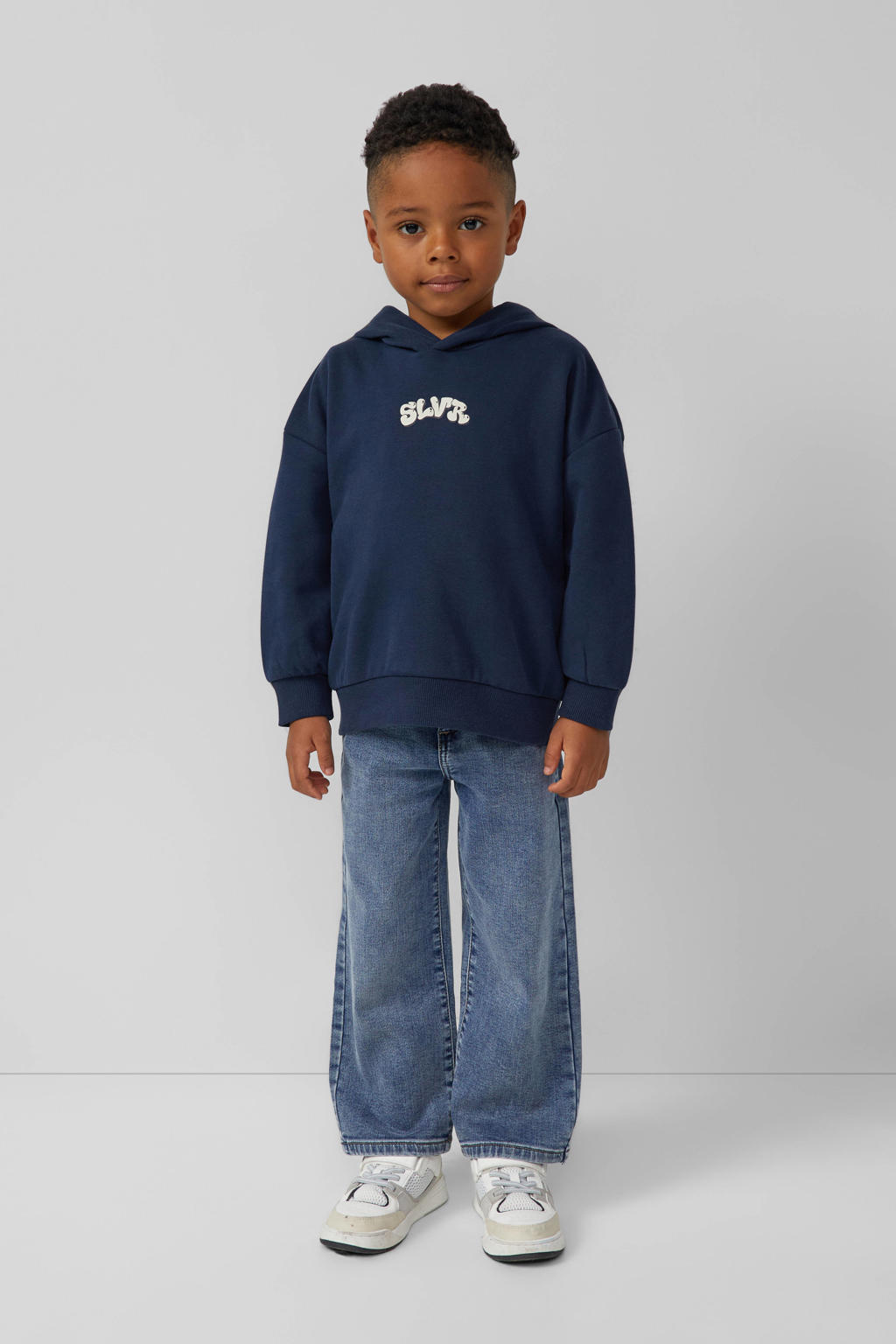 Donkerblauwe jongens s.Oliver hoodie van sweat materiaal met backprint, lange mouwen en capuchon