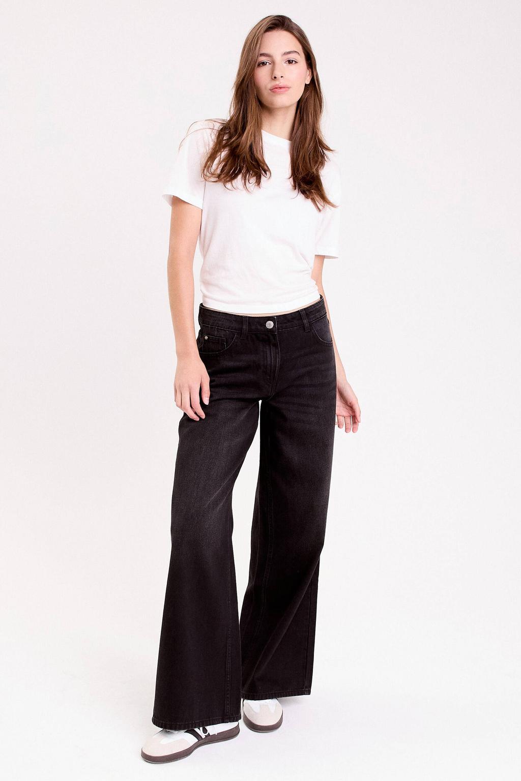 Black denim dames Cache Cache baggy jeans black van denim met regular waist, rits- en knoopsluiting en effen