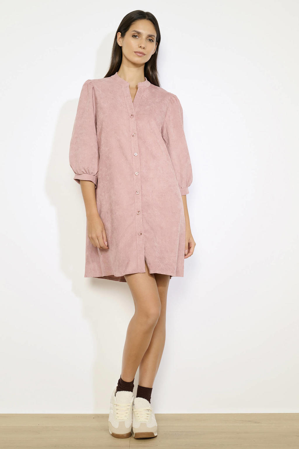 Lichtroze dames LOLALIZA corduroy blousejurk met effen, half lange mouwen, button down sluiting en knoopsluiting