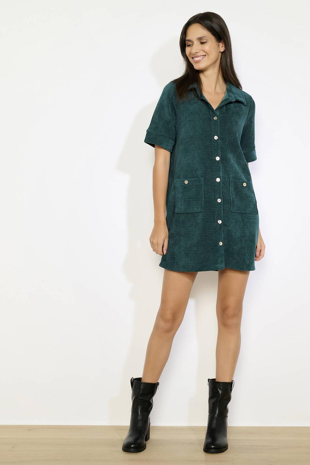 Petrolkleurige dames LOLALIZA blousejurk van polyester met effen, korte mouwen, polo kraag, knoopsluiting en textuur