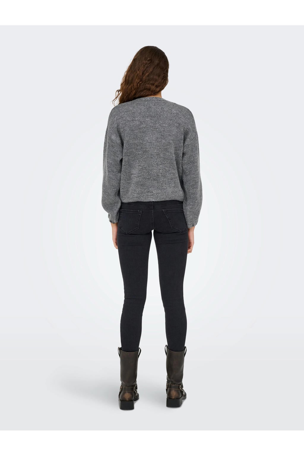 Grijze dames ONLY gebreid vest van acryl met effen, lange mouwen, V-hals en knoopsluiting