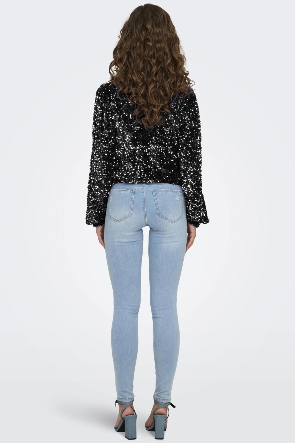 Zwarte dames ONLY glitter top van polyester met effen, lange mouwen, V-hals en pailletten