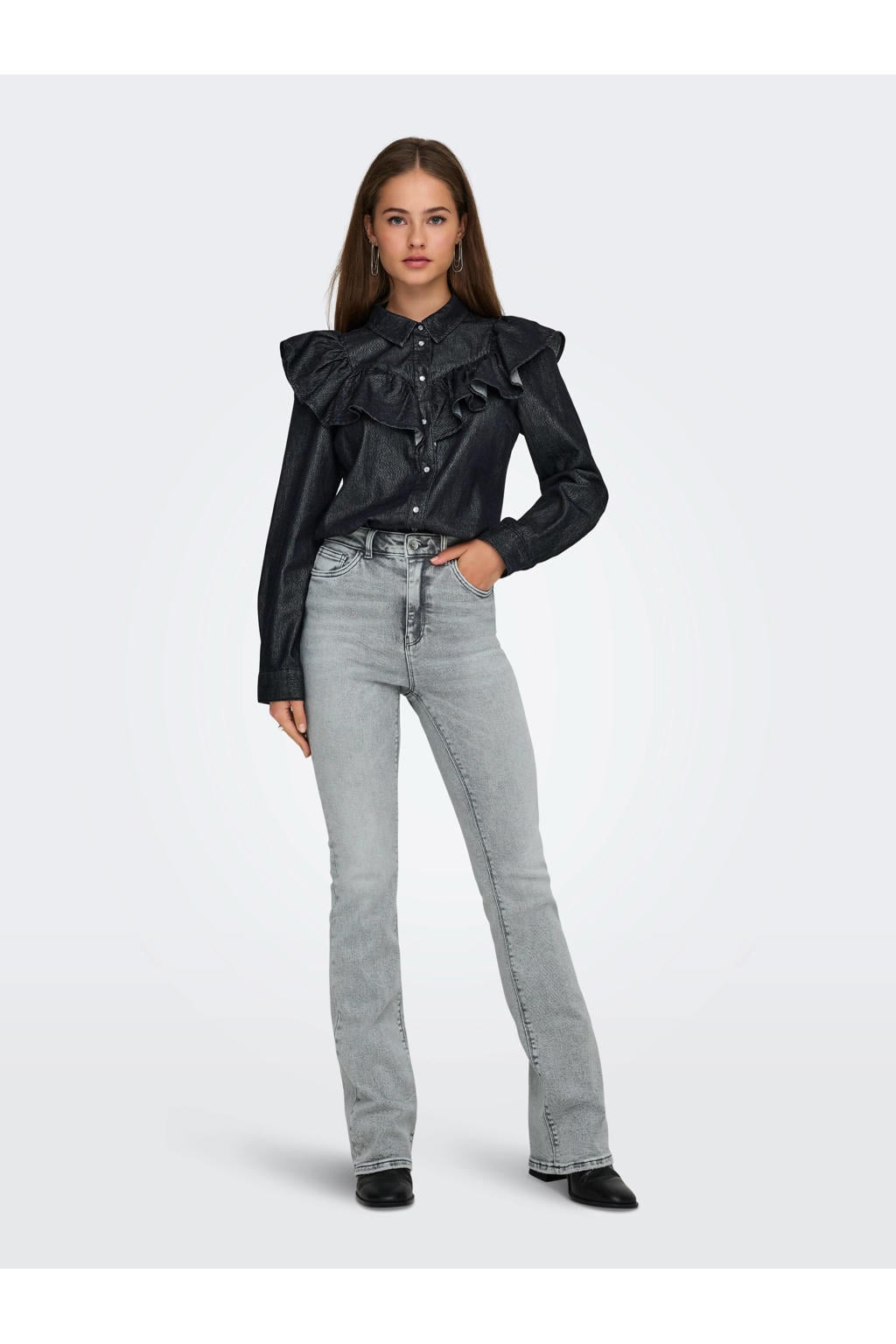 Grey denim dames ONLY high waist flared jeans van denim met rits- en knoopsluiting en effen