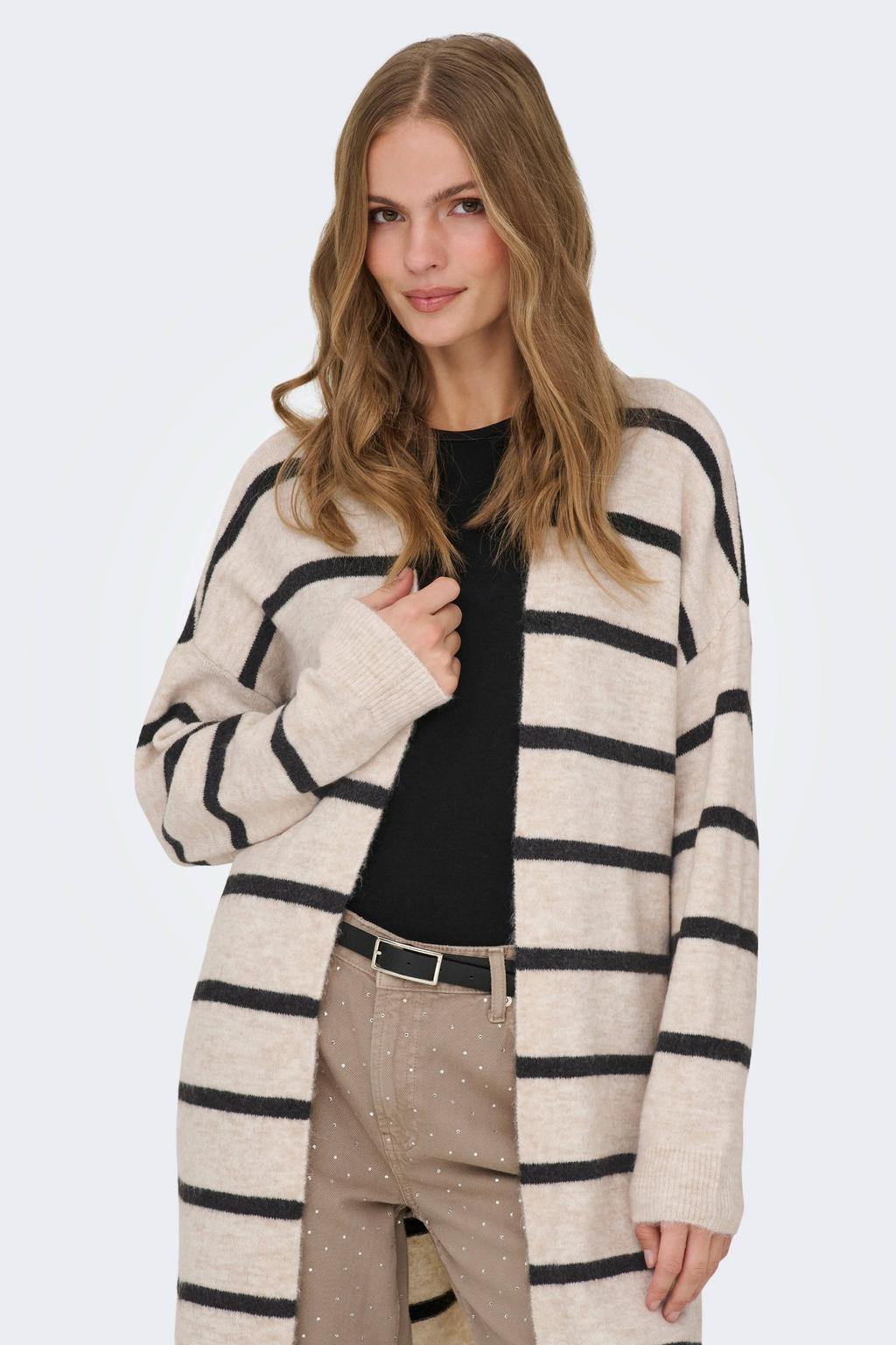 Ecru en zwarte dames ONLY gestreepte vest gebreid van acryl met lange mouwen