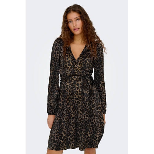 ONLY wikkel-/overslagjurk met panterprint met glitter zwart afbeelding