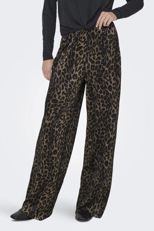 wide leg regular waist casual broek met panterprint bruin
