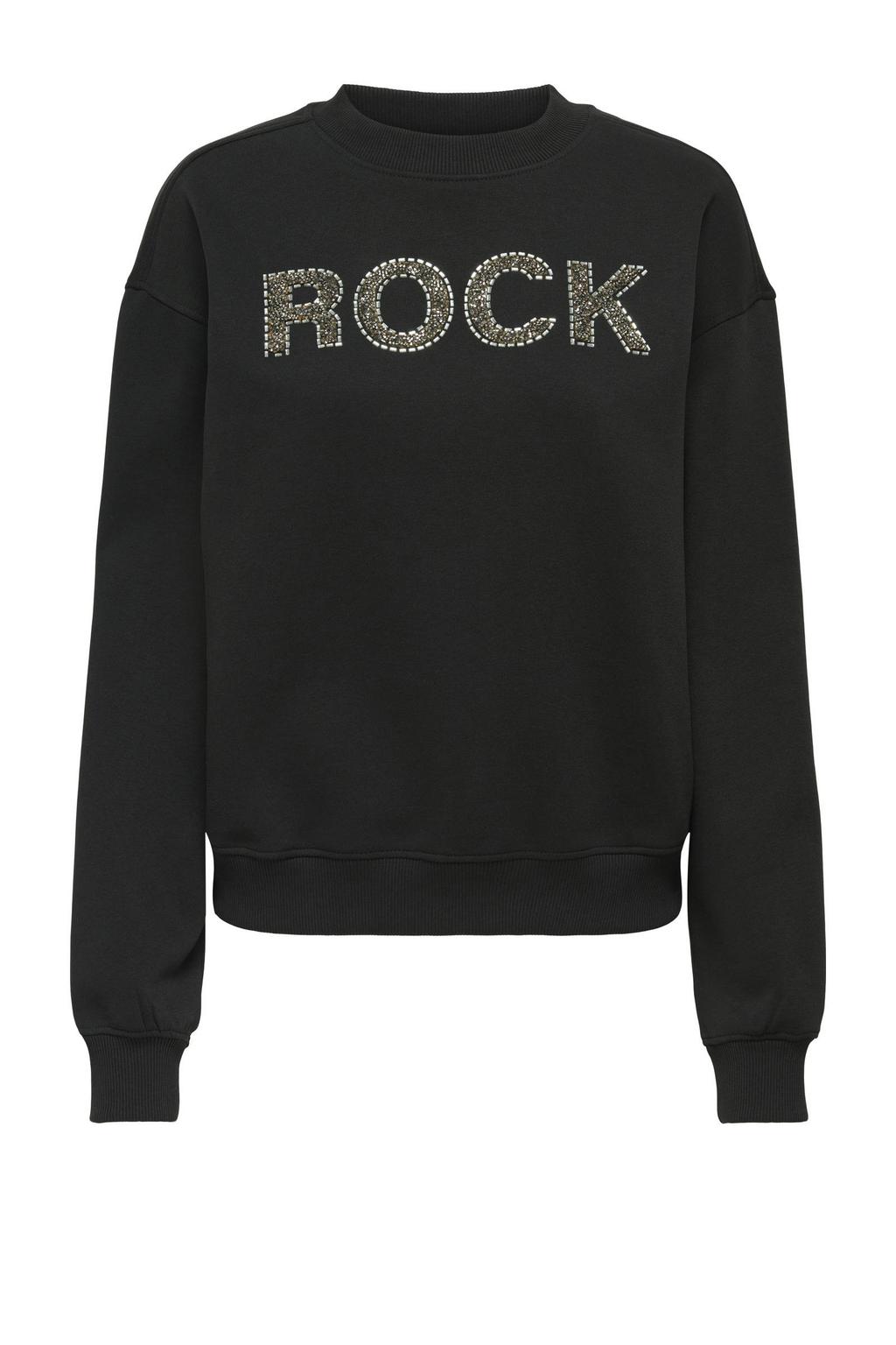 Zwarte dames ONLY sweater van polyester met tekst print, lange mouwen, ronde hals en studs