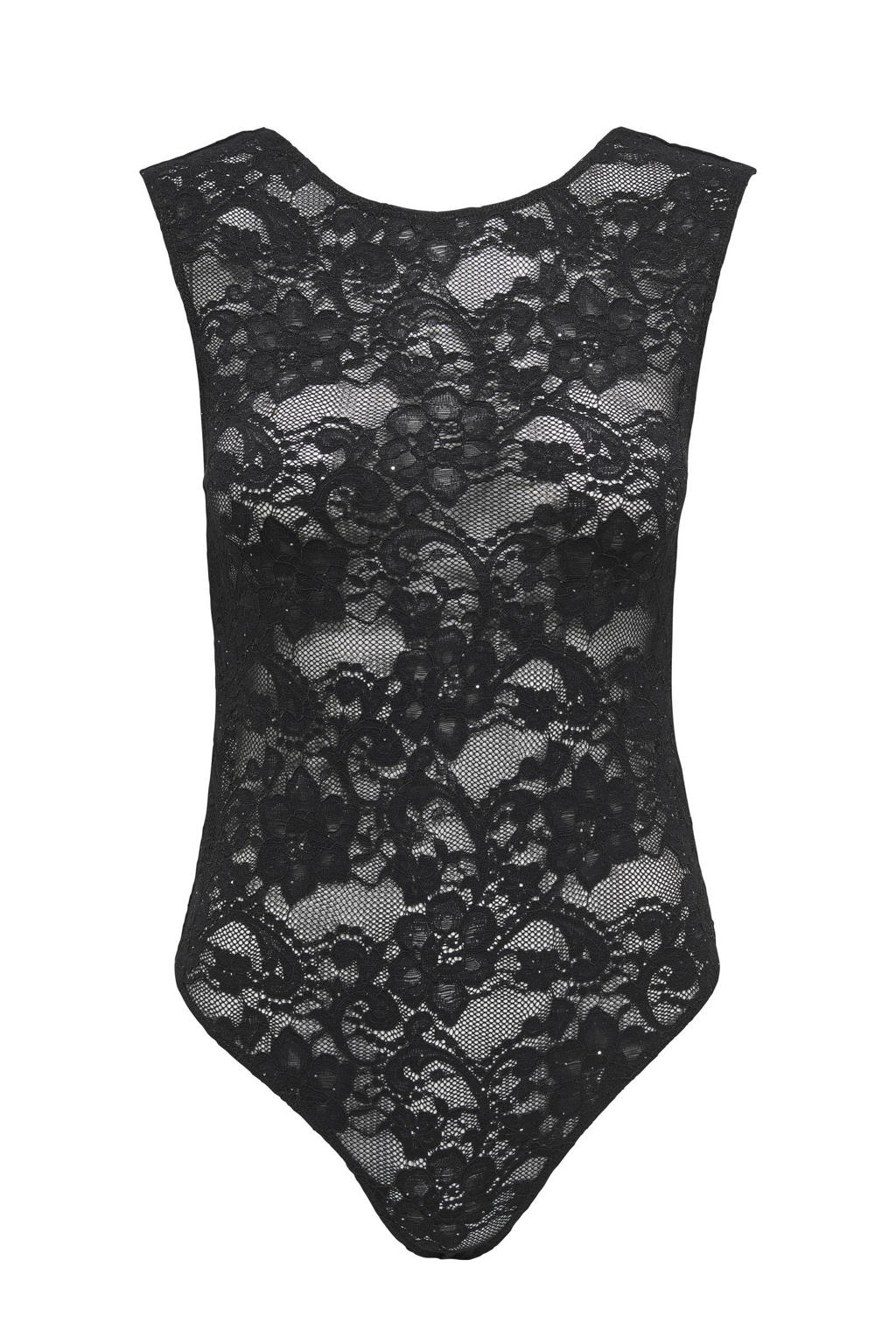 Zwarte dames ONLY kanten body met effen, ronde hals en glitters
