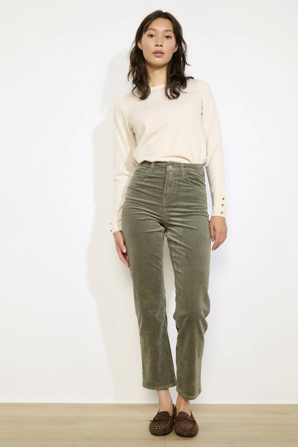 Groene dames LOLALIZA corduroy mom regular waist broek met rits- en knoopsluiting en effen