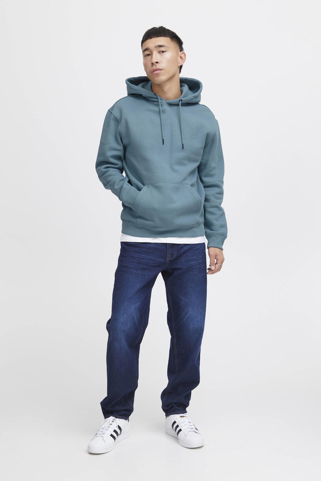 Lichtblauwe heren Blend hoodie van sweat materiaal met effen, lange mouwen en capuchon