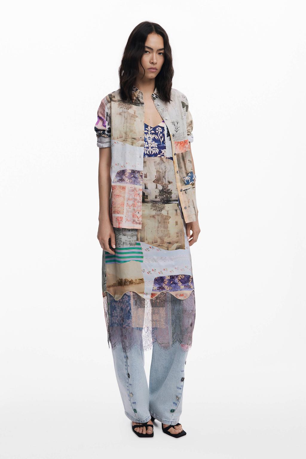 Ecru dames Desigual blouse van katoen met lange mouwen, klassieke kraag en knoopsluiting
