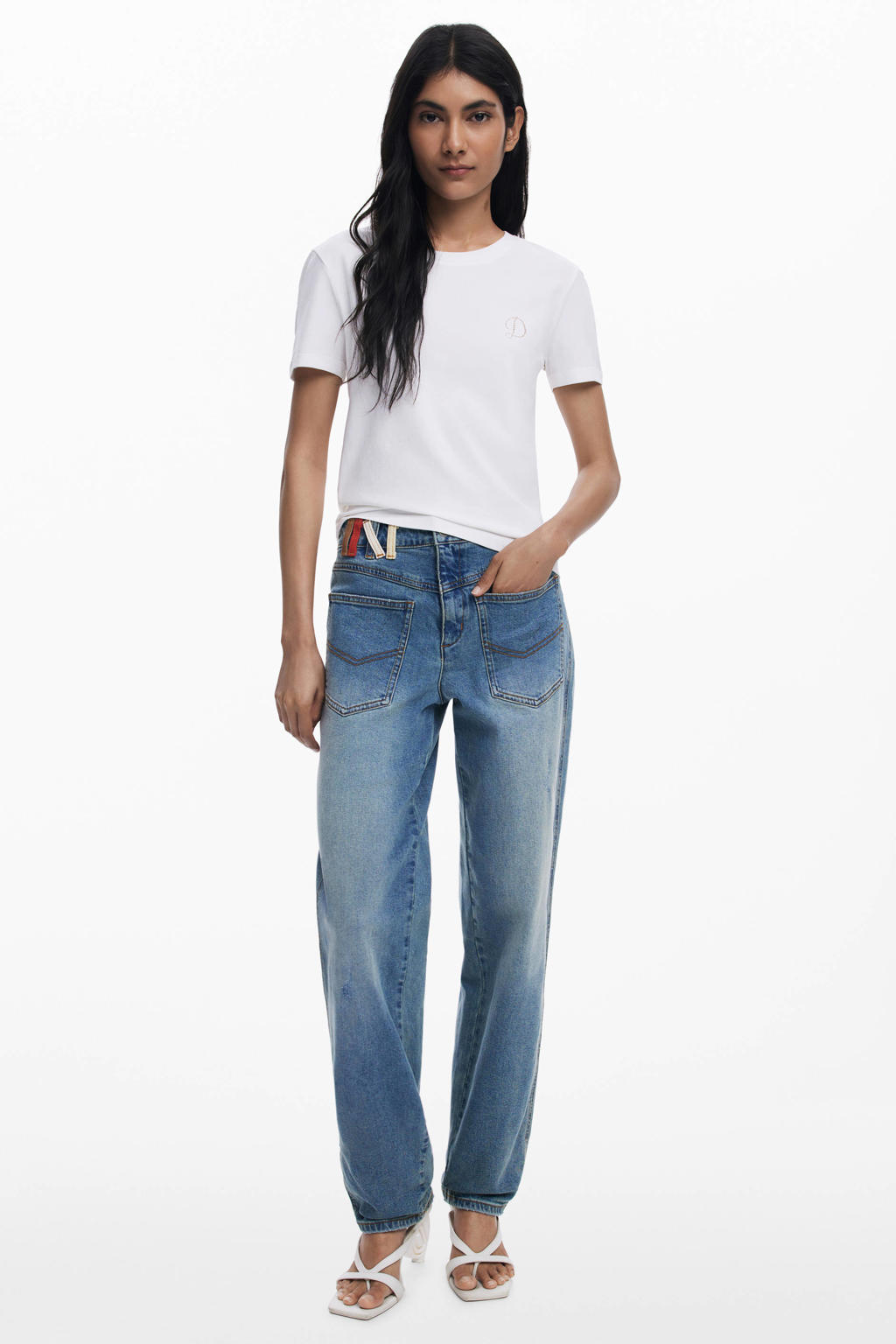 Witte dames Desigual T-shirt van katoen met effen, korte mouwen en ronde hals